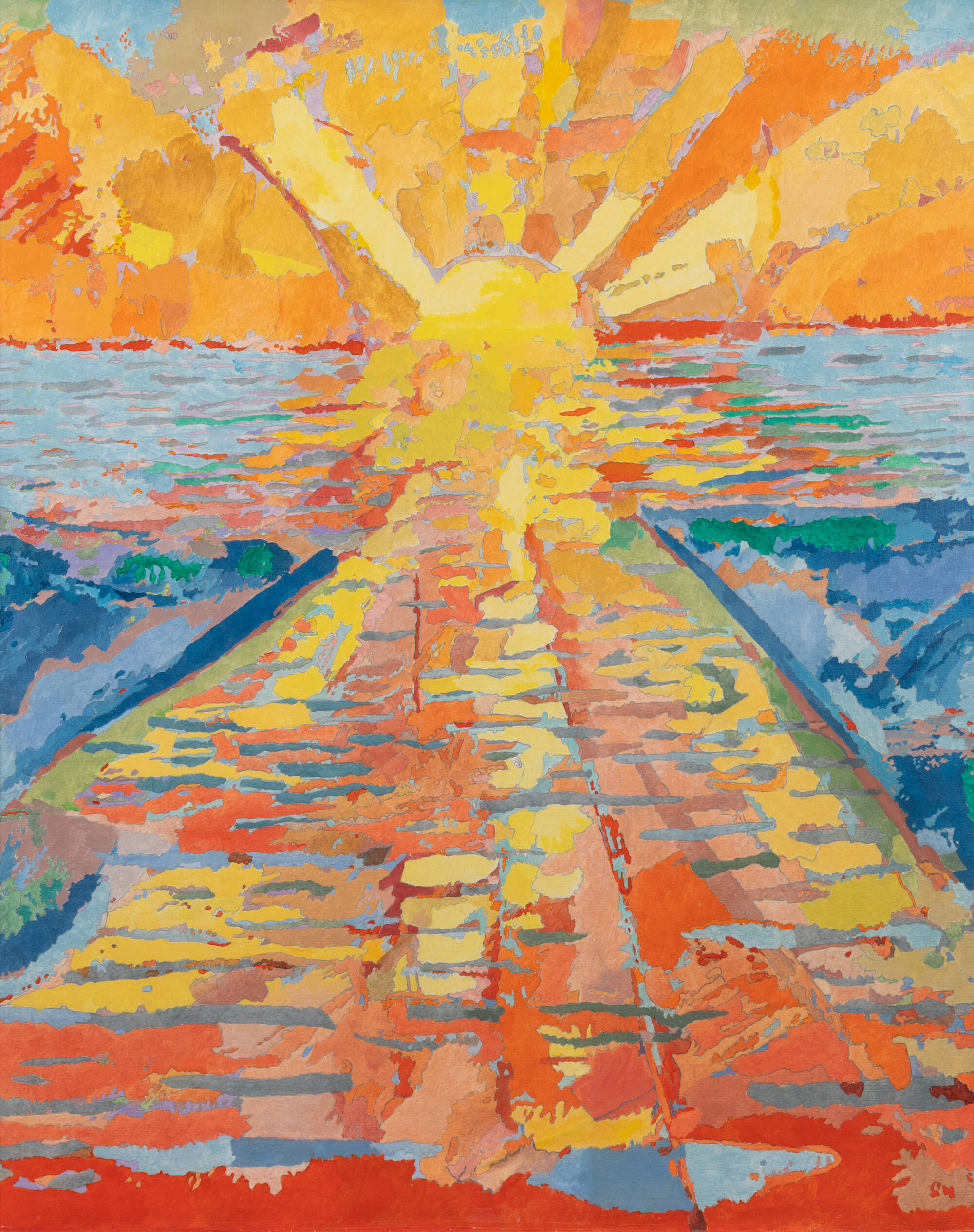 Bright colors of an abstract sunset with colorful reflections on the water done in yellow, orange, green and blues.